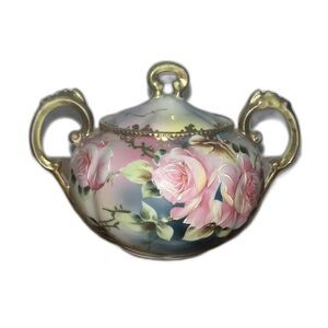 HAND PAINTED Unmarked Possible NIPPON PINK YELLOW ROSES SUGAR BOWL GOLD TRIM